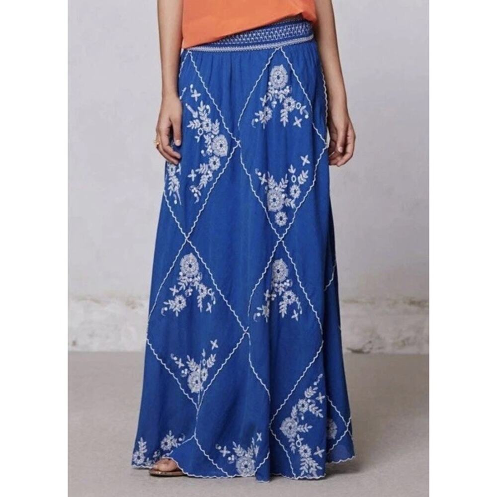 Anthropologie X Meadow Rue Women's Ping Blue Embroidered Maxi Skirt Boho Peasant - Picture 2 of 10